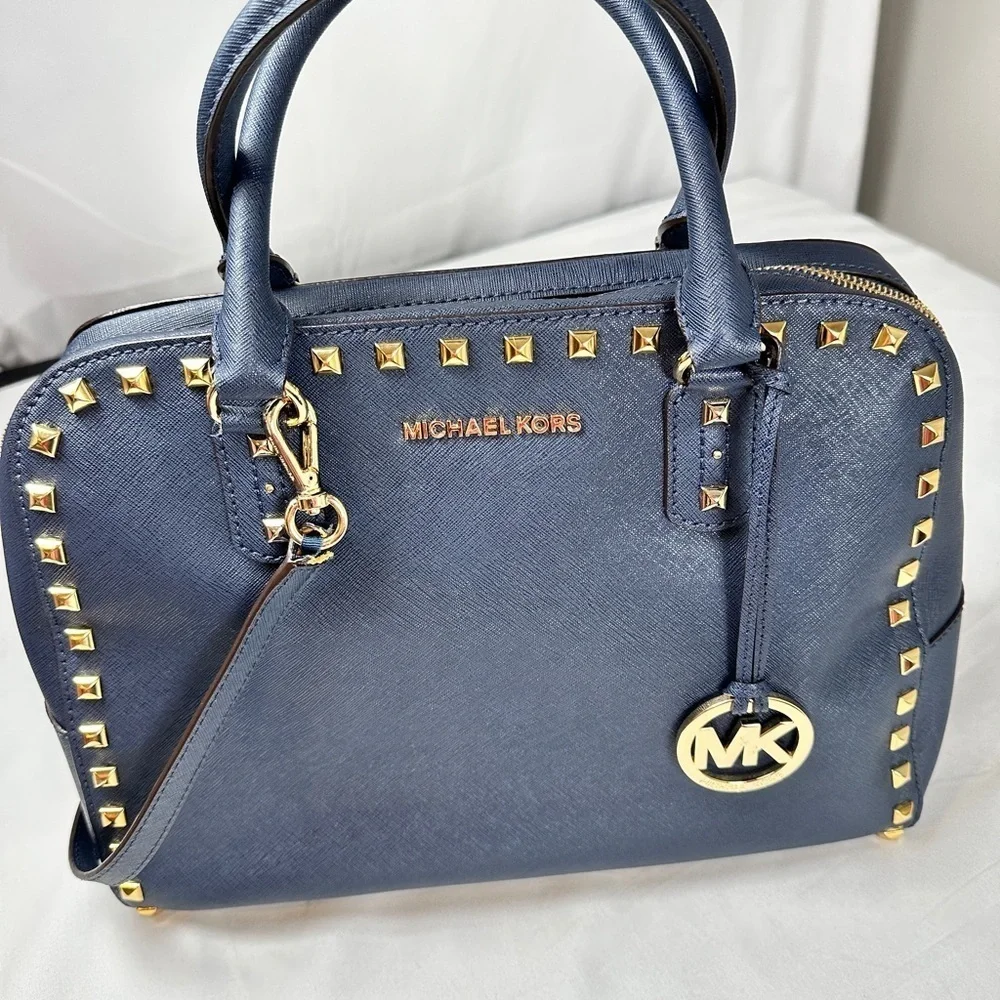 Michael Kors Large TZ SELMA STUD Satchel Bag NAVY Blue Saffiano Leather